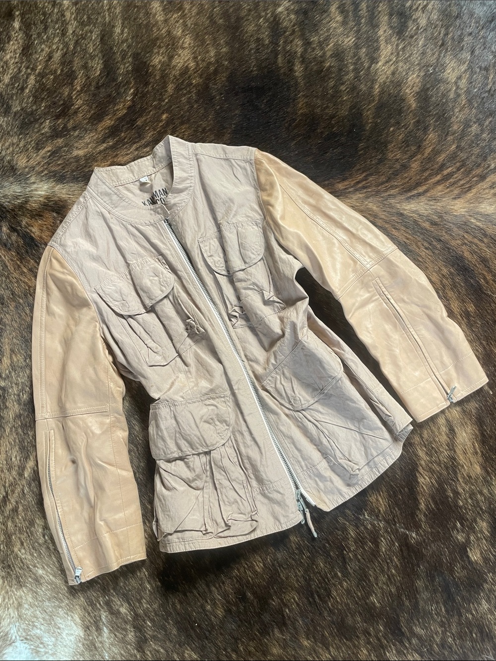 Kaufman Franco Women's Light Taupe Utility Jacket with Lamb Skin Leather Sleeve